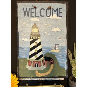 Nautical Lighthouse Welcome Sign Slate Coastal Beach Home Decor